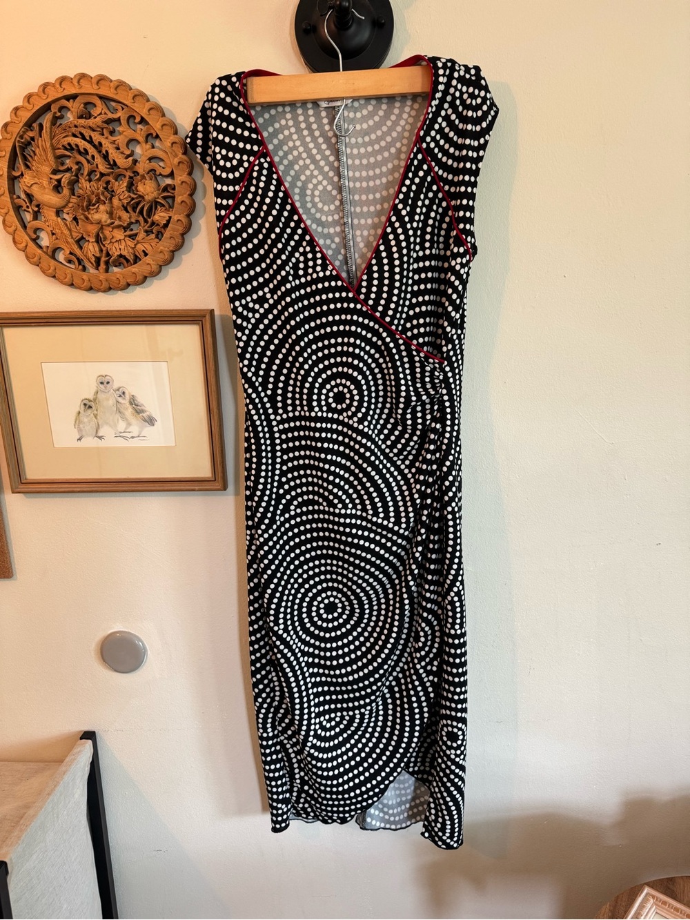 Vintage Speechless Black & White Dot-Print Wrap Dress with Red Contrast Piping